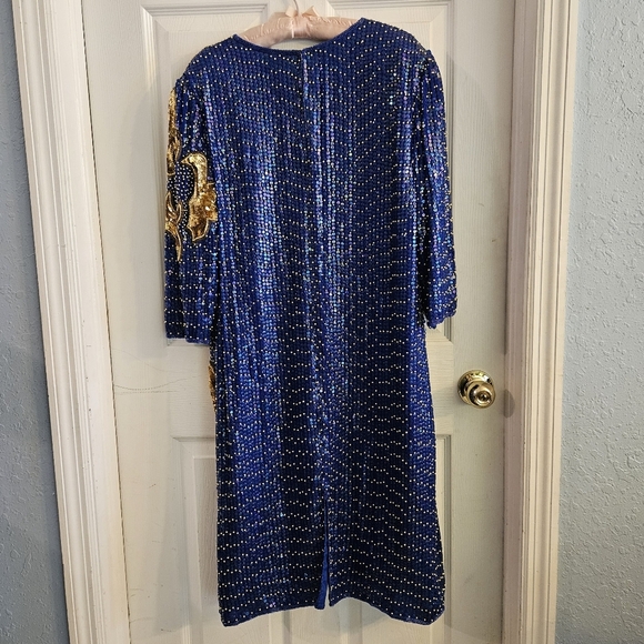 Vintage DejaVu 100% Silk Fully Beaded & Sequined Navy & Gold Size Large - Picture 6 of 7